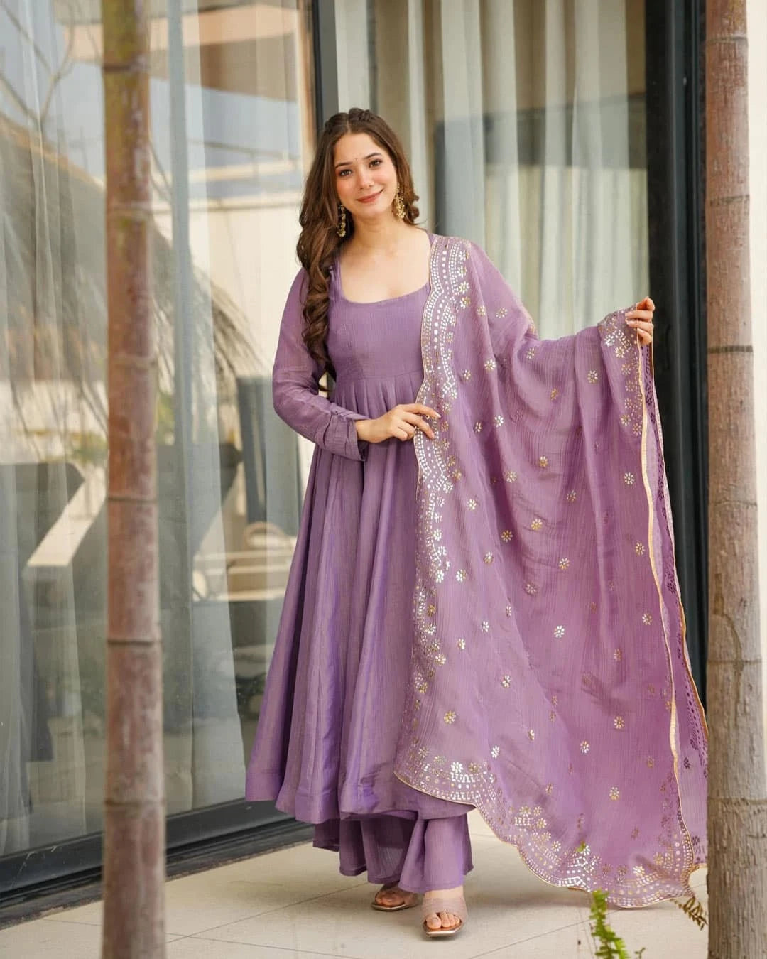 Luxe Crushed Chinon Anarkali Suit Embroidered Dupatta