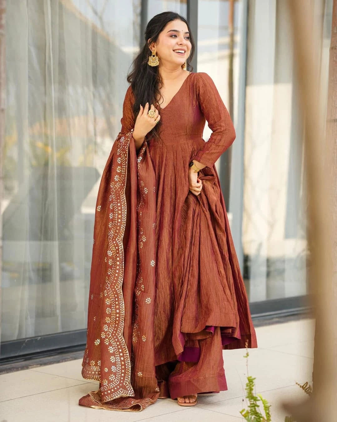 Luxe Crushed Chinon Anarkali Suit Embroidered Dupatta