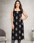 Vastrangam sleeveless foil print rayon kurti for women in black with gold leaf motifs, straight knee-length style