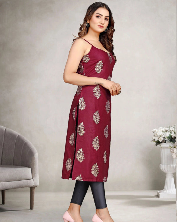 Sleeveless Foil Leaf Print Rayon Daily Wear Kurti