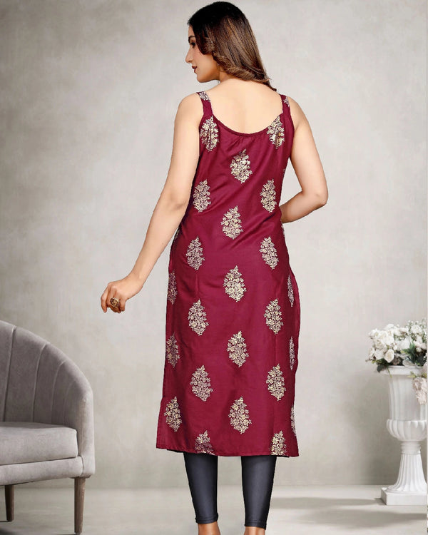 Sleeveless Foil Leaf Print Rayon Daily Wear Kurti