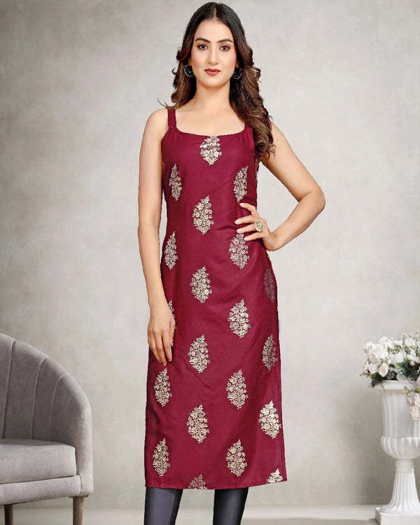Sleeveless Foil Leaf Print Rayon Daily Wear Kurti