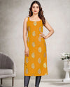 Sleeveless Foil Leaf Print Rayon Daily Wear Kurti