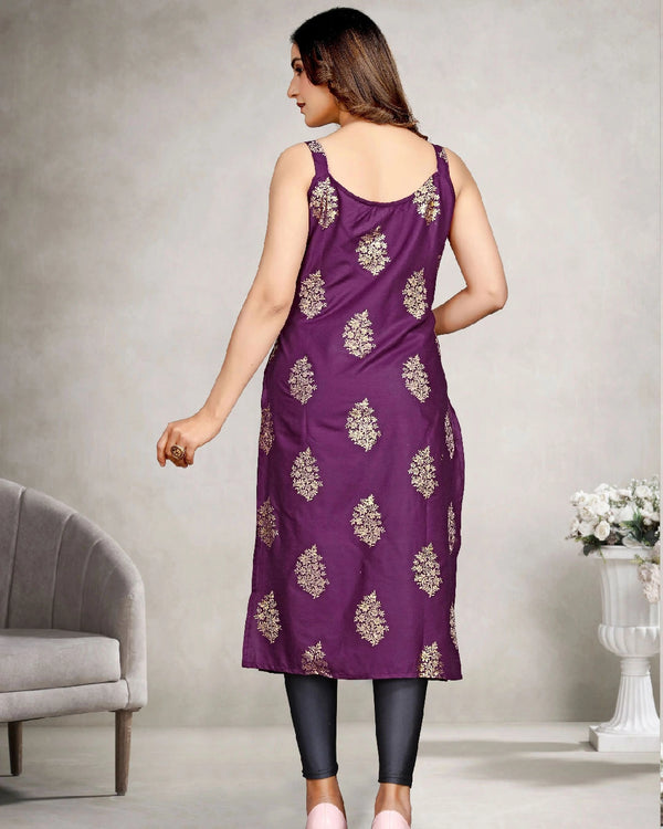 Sleeveless Foil Leaf Print Rayon Daily Wear Kurti