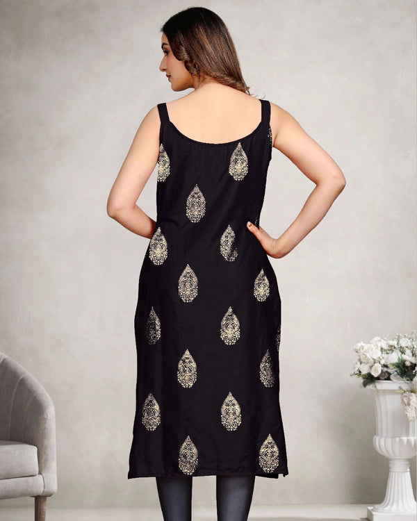 Women’s Rayon Sleeveless Kurti with Gold Foil Butta for Daily Wear