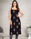 Vastrangam sleeveless straight black rayon kurti for women with gold foil buta print, calf length, styled with leggings