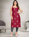 Maroon sleeveless straight kurti for women with gold foil buta work, office and festive wear