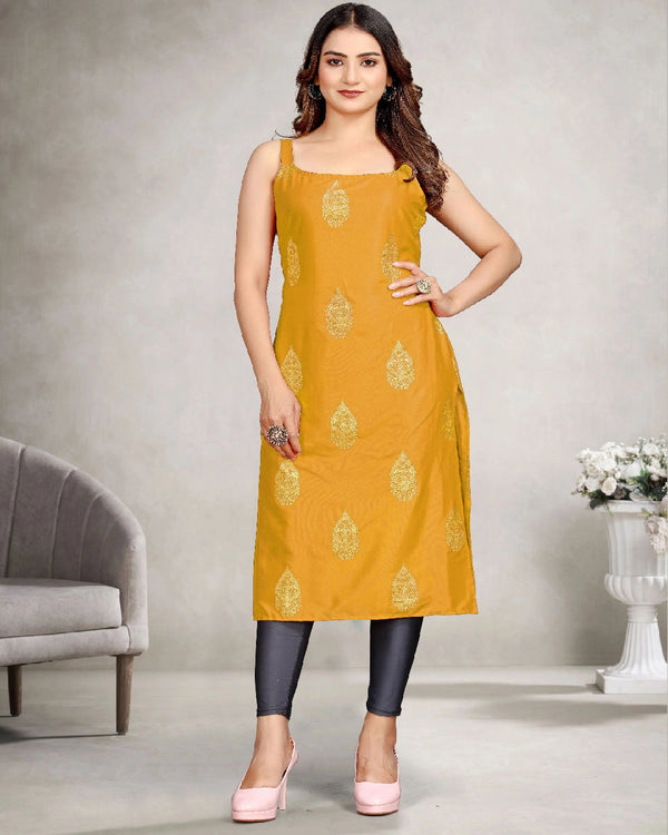 Mustard rayon sleeveless straight fit kurti featuring all over gold foil buta design for everyday ethnic style