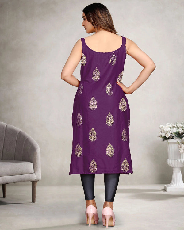 Women’s Rayon Sleeveless Kurti with Gold Foil Butta for Daily Wear