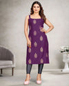Wine colour sleeveless straight kurti with gold foil paisley motifs, ideal festive kurti for ladies