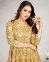 Close-up of V-neck and 3/4 sleeves on mustard floral cotton fit and flare dress