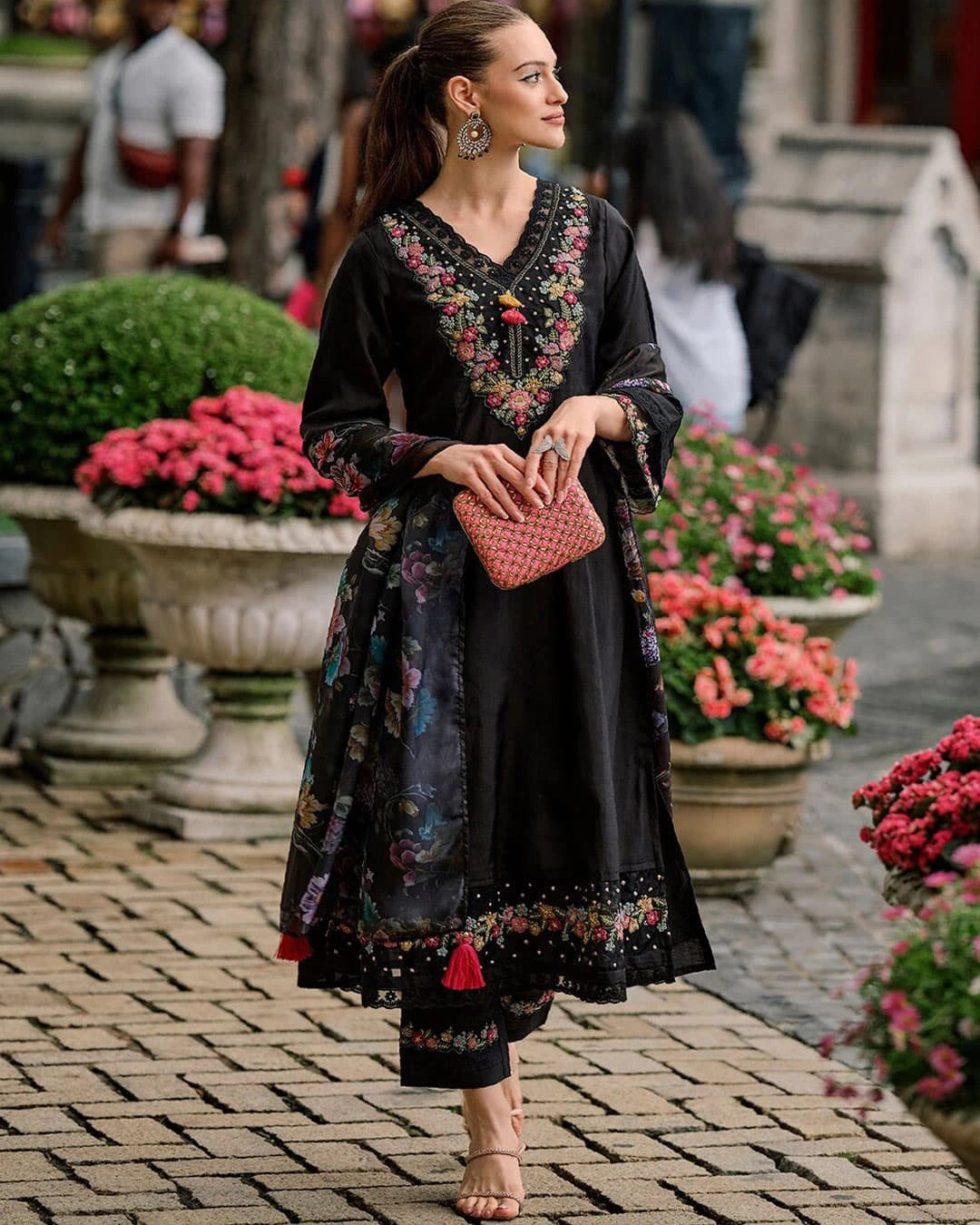 Roman Silk Floral Embroidered Suit with Tabby Silk Dupatta