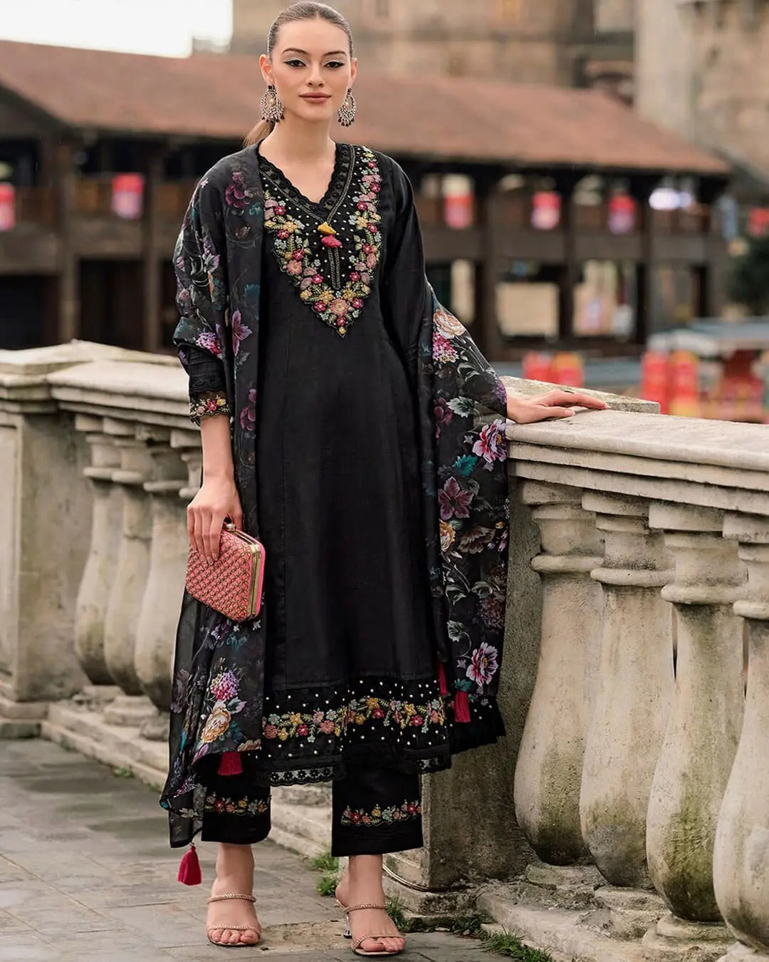 Roman Silk Floral Embroidered Suit with Tabby Silk Dupatta