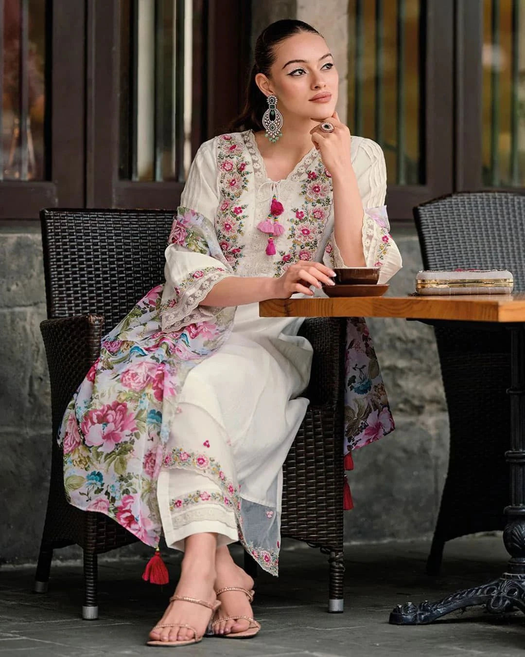 Roman Silk Floral Embroidered Suit with Tabby Silk Dupatta