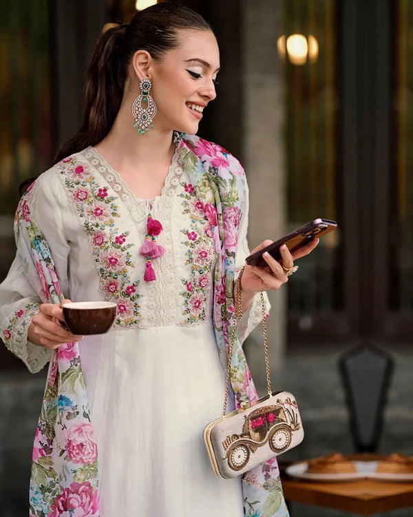 Roman Silk Floral Embroidered Suit with Tabby Silk Dupatta