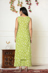 Lime Green Floral Printed Sleeveless Cotton Kurta Set for Daily Wear