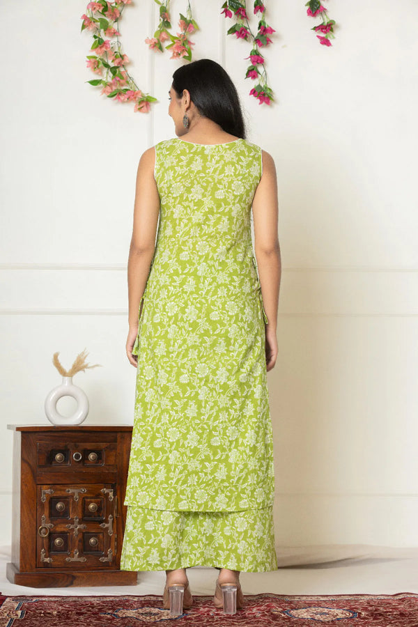 Lime Green Floral Printed Sleeveless Cotton Kurta Set for Daily Wear