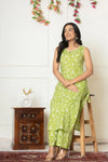 Lime Green Floral Printed Sleeveless Cotton Kurta Set for Daily Wear