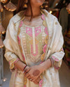 Ivory Roman Silk Suit Set with Scalloped Pink Embroidery for Festive Galas