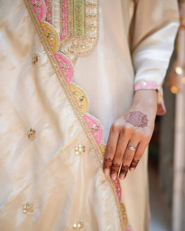 Ivory Roman Silk Suit Set with Scalloped Pink Embroidery for Festive Galas