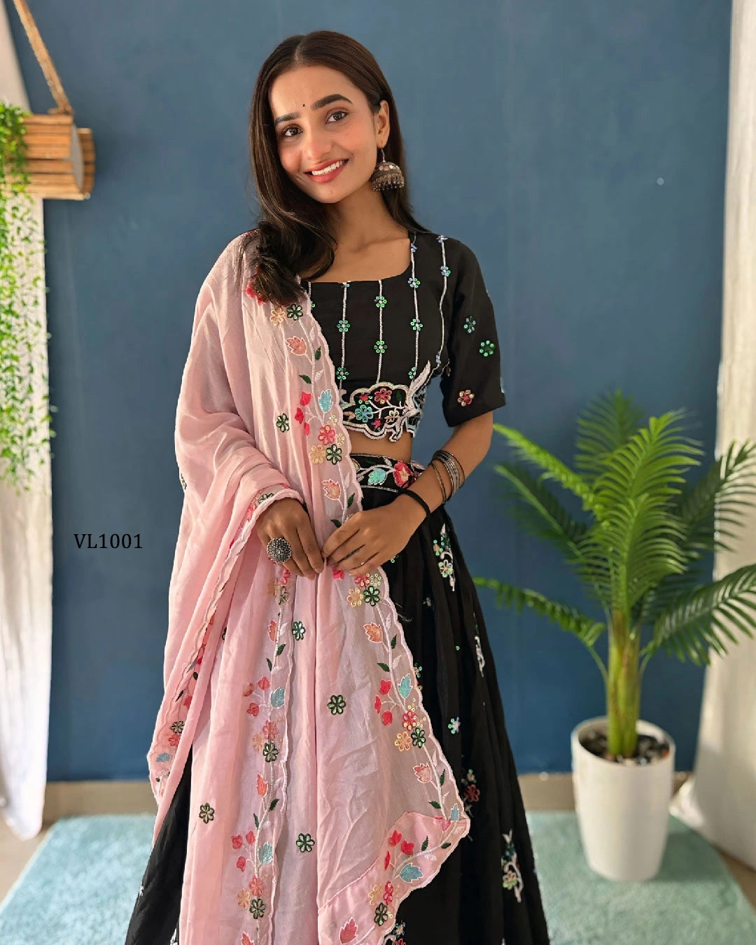 Floral Embroidered Black Lehenga Choli