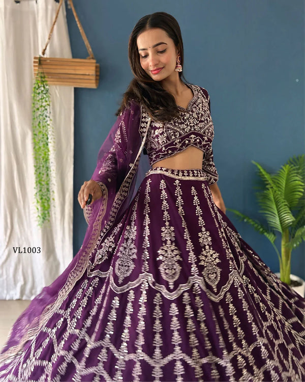 Regal Purple Embroidery Sequence Lehenga Set
