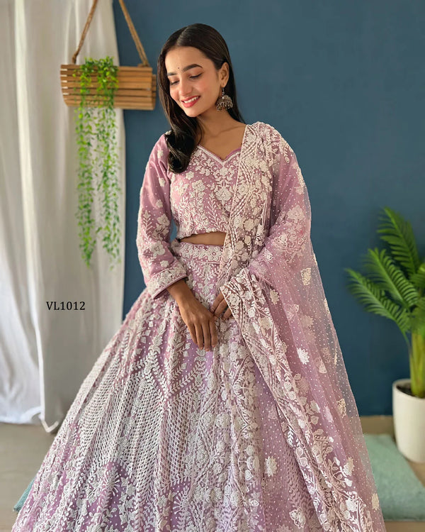 Dusty Lilac Designer Heavy Net Pearl Embroidered Lehenga Set