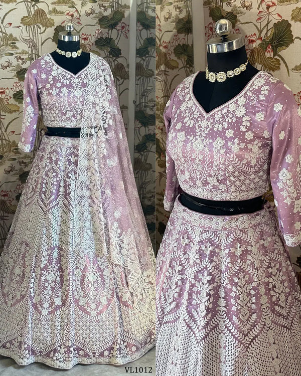 Dusty Lilac Designer Heavy Net Pearl Embroidered Lehenga Set