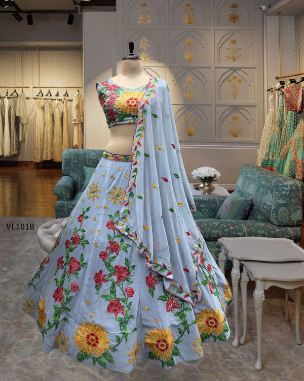 Sunflower Faux Georgette Embroidery Lehenga Choli for Festive Wear