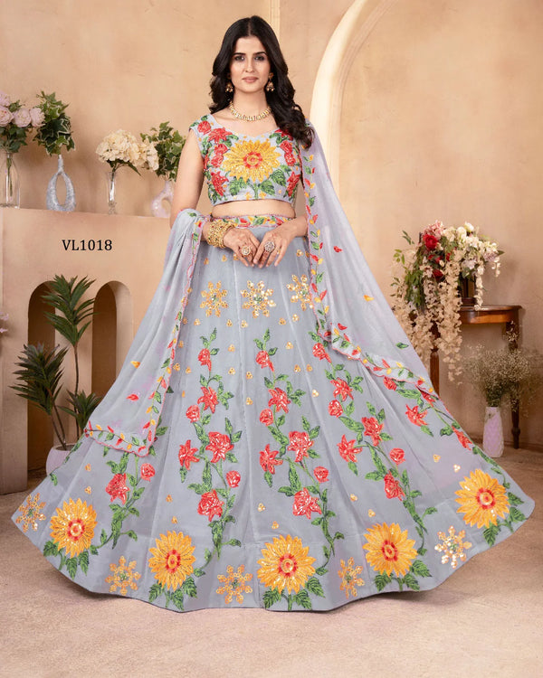 Sunflower Faux Georgette Embroidery Lehenga Choli for Festive Wear