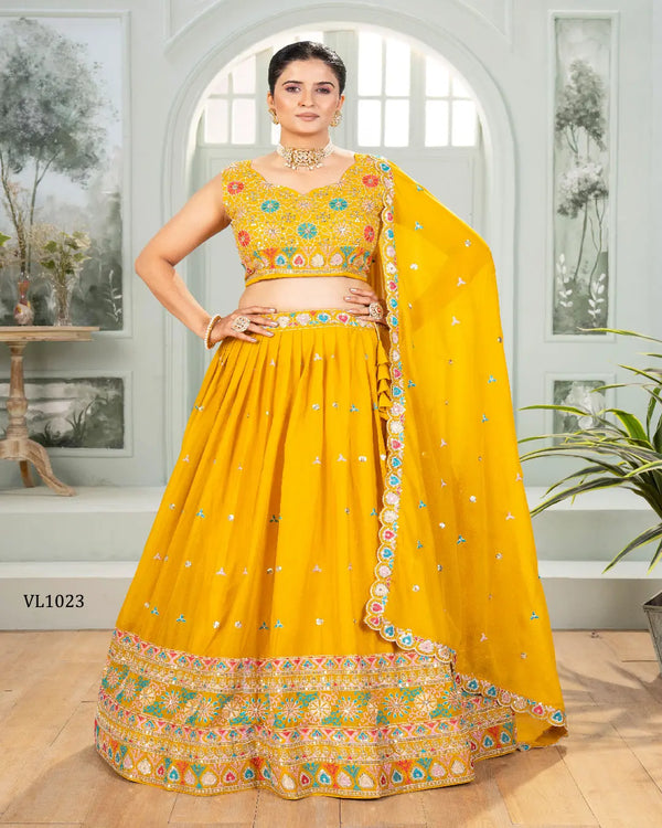 Mustard Star Georgette Sequin Lehenga Set for Festivals