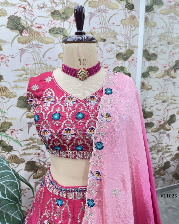 Pink Ombré Chinon Embroidery Lehenga for Festive Wear
