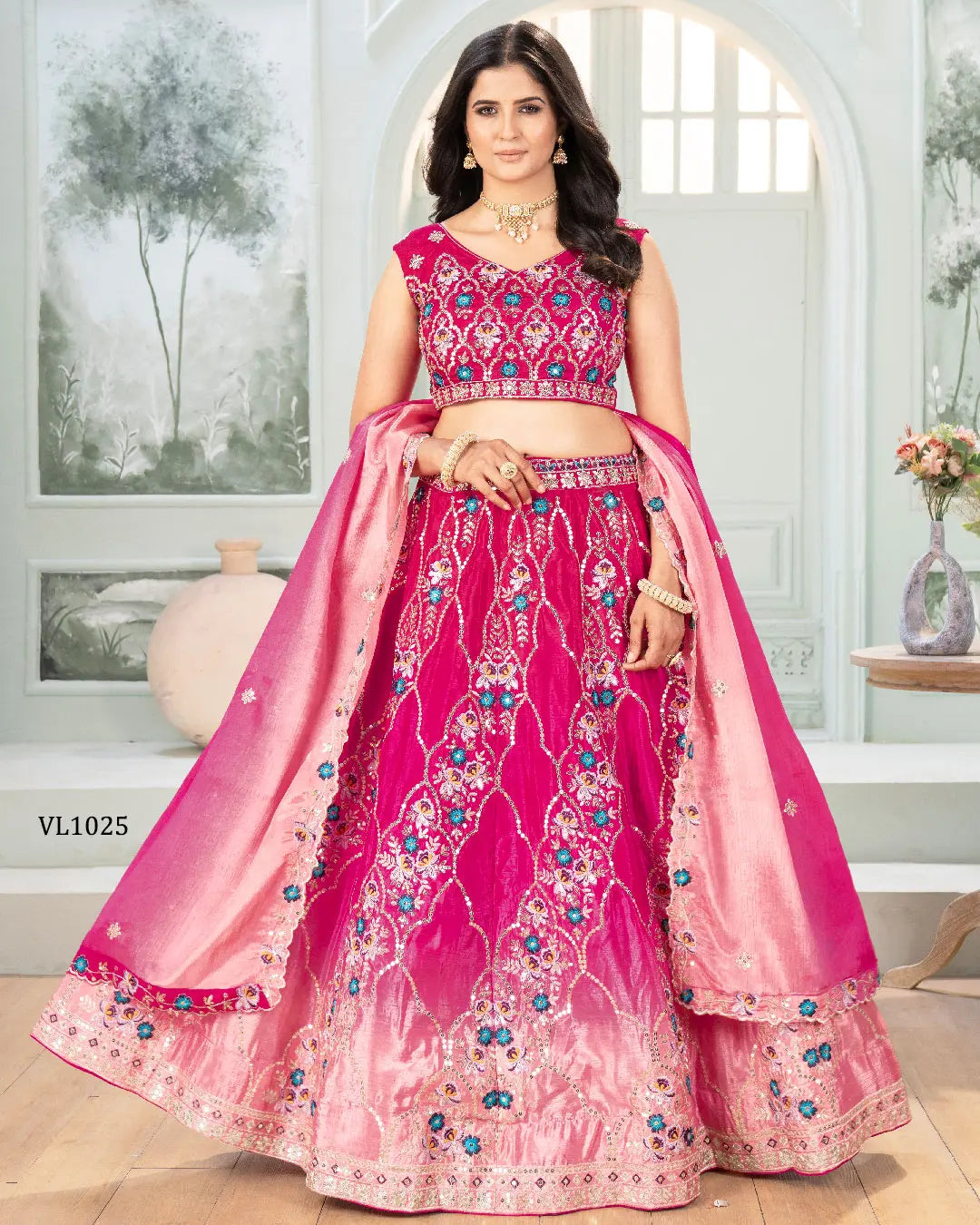 Pink Ombré Chinon Embroidery Lehenga for Festive Wear