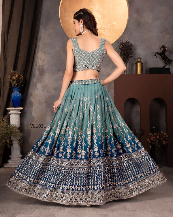 Teal Blue Embroidered Faux Georgette 2D Lehenga Choli