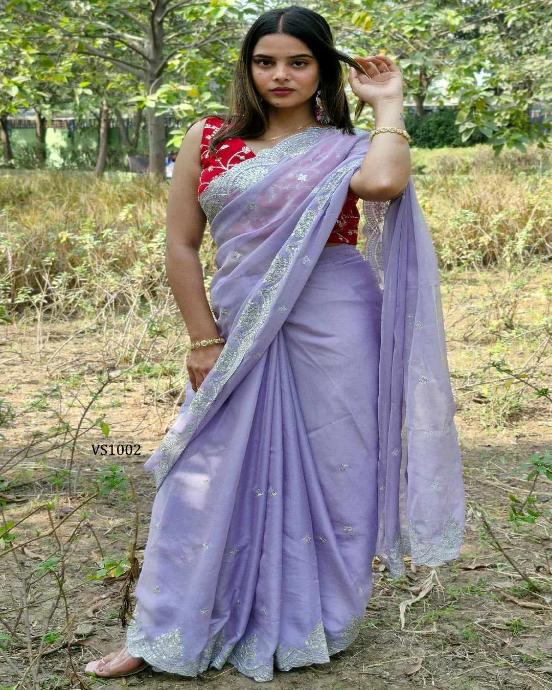 Elegant Organza Sequin Saree with Contrast Blouse for Parties