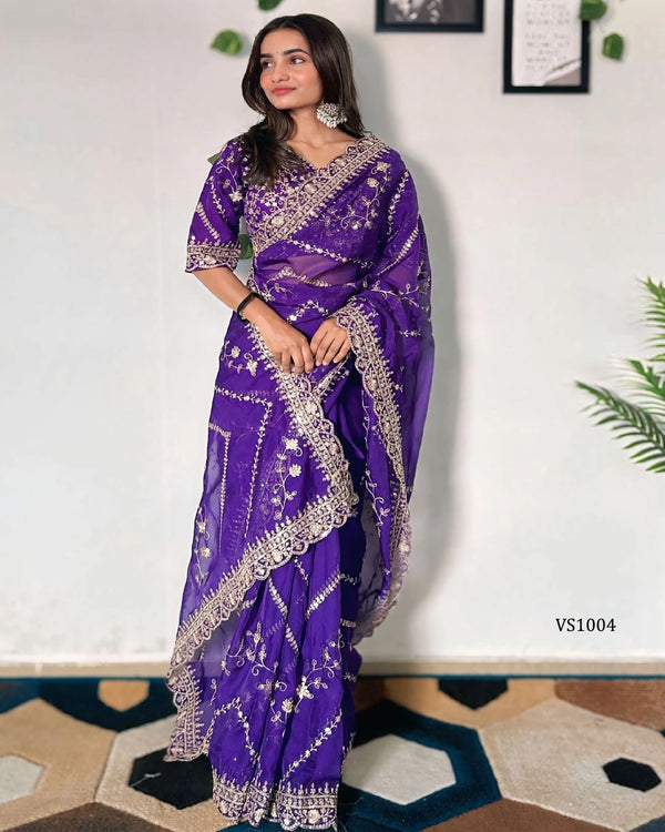 Royal Purple Tabby Organza Silk Sequin Saree for Party