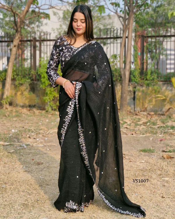 Elegant Black Candy Crush Sequin Saree with Embroidered Mono Banglori Blouse