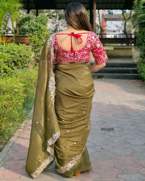 Designer Floral Zari Work Blouse & Sheer Lurex Saree for Festive Occasions