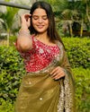 Designer Floral Zari Work Blouse & Sheer Lurex Saree for Festive Occasions