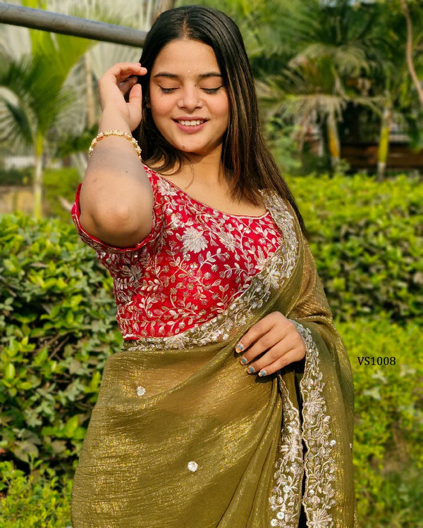 Designer Floral Zari Work Blouse & Sheer Lurex Saree for Festive Occasions