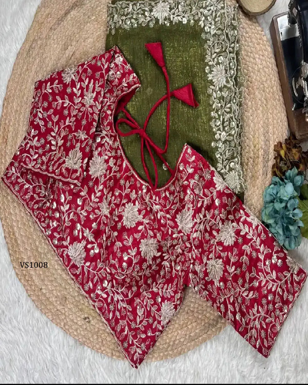 Designer Floral Zari Work Blouse & Sheer Lurex Saree for Festive Occasions