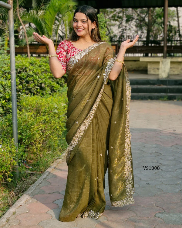 Designer Floral Zari Work Blouse & Sheer Lurex Saree for Festive Occasions