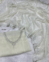 Pearl White Crunchy Saree with Scalloped Zarkhan Saree