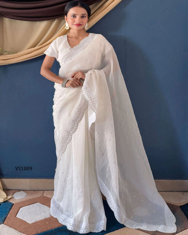 Pearl White Crunchy Saree with Scalloped Zarkhan Saree