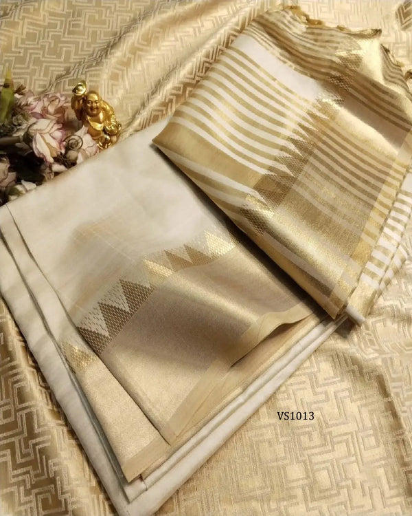 Gold Zari Woven Assam Silk Saree with Geometric Temple Border