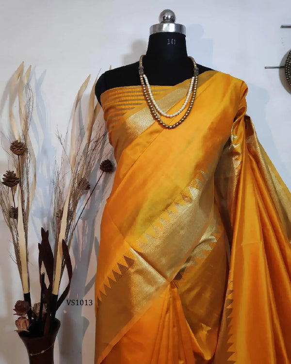 Gold Zari Woven Assam Silk Saree with Geometric Temple Border