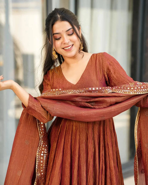 Luxe Crushed Chinon Anarkali Suit Embroidered Dupatta