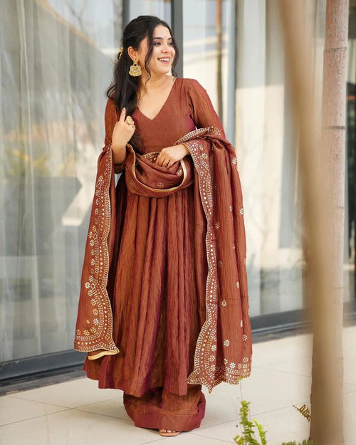 Luxe Crushed Chinon Anarkali Suit Embroidered Dupatta - Front View