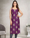 Sleeveless Foil Leaf Print Rayon Daily Wear Kurti