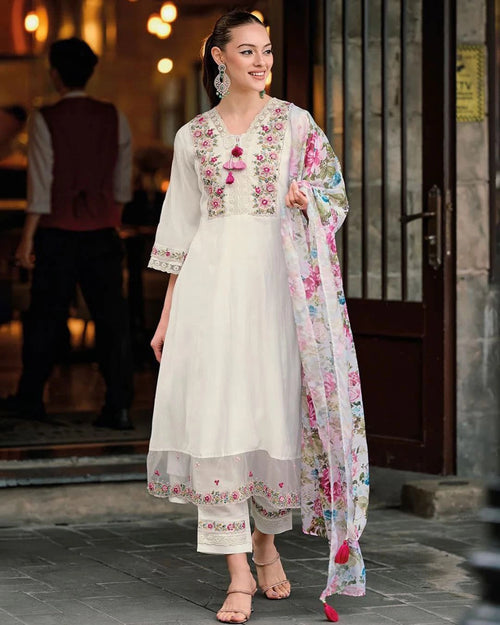 Roman Silk Floral Embroidered Suit with Tabby Silk Dupatta - Front View